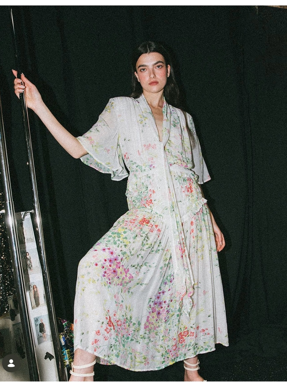 Sabina Musayev Floral Midi Dress in Light Gray and Pastel Multi - lunetta